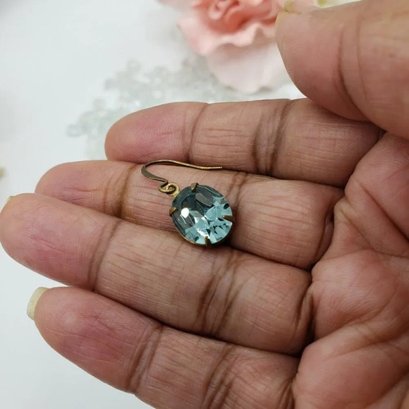 Blue Crystal Hanger Earrings w/ Bronze Casing - Picture 2 of 3